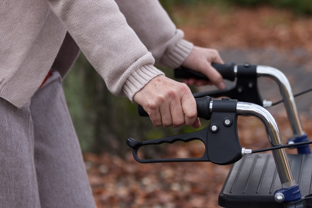 Alte Dame geht mit dem Rollator im Wald spazieren